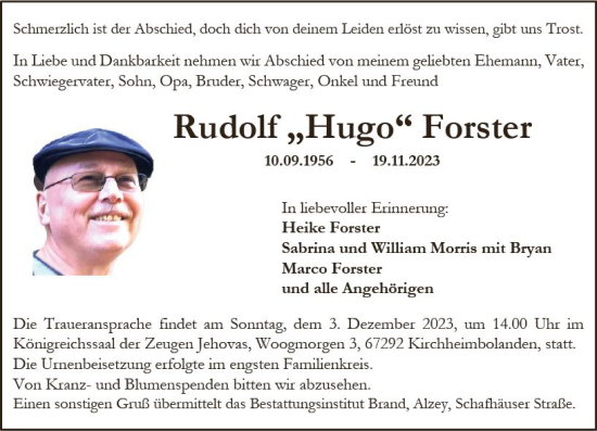 Traueranzeige von Rudolf  Forster von Allgemeine Zeitung Alzey