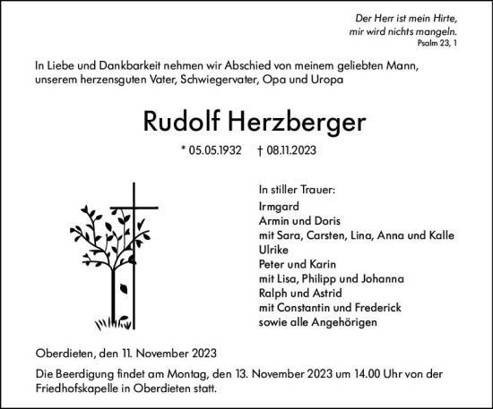 Traueranzeige von Rudolf Herzberger von Hinterländer Anzeiger