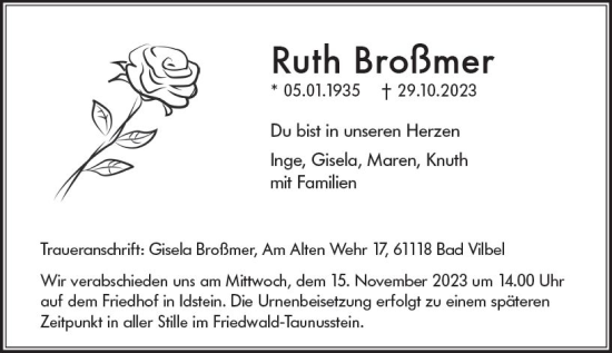 Traueranzeige von Ruth Broßmer von Idsteiner Land/Untertaunus