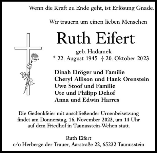 Traueranzeige von Ruth Eifert von Wiesbadener Kurier