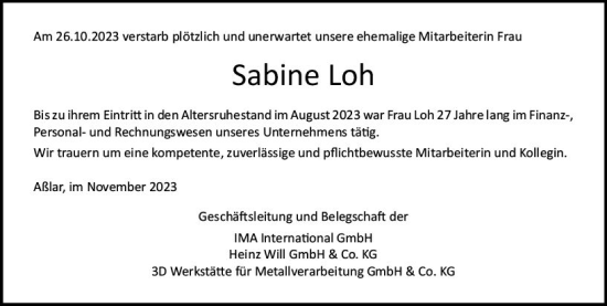 Traueranzeige von Sabine Loh von Wetzlarer Neue Zeitung