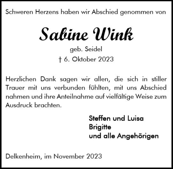 Traueranzeige von Sabine Wink von Wiesbadener Kurier