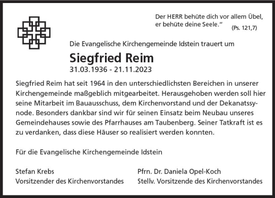 Traueranzeige von Siegfried Reim von Idsteiner Land/Untertaunus