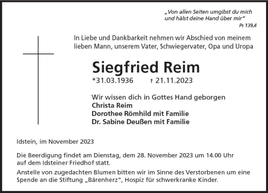 Traueranzeige von Siegfried Reim von Idsteiner Land/Untertaunus