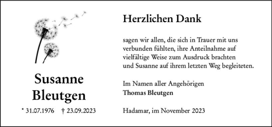 Traueranzeige von Susanne Bleutgen von Nassauische Neue Presse