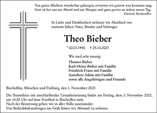 Traueranzeige von Theo Bieber von Dill Block