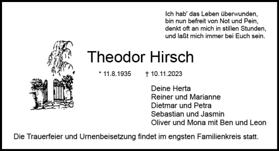 Traueranzeige von Theodor Hirsch von Dieburger Anzeiger/Groß-Zimmerner Lokal-Anzeiger