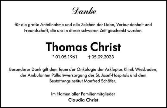 Traueranzeige von Thomas Christ von Wiesbadener Kurier