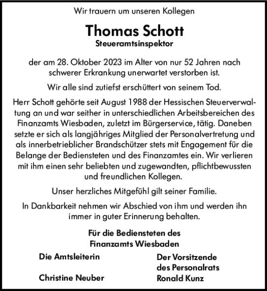 Traueranzeige von Thomas Schott von Wiesbadener Kurier