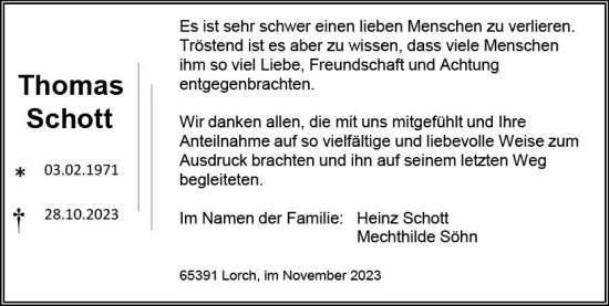 Traueranzeige von Thomas Schott von Wiesbadener Kurier