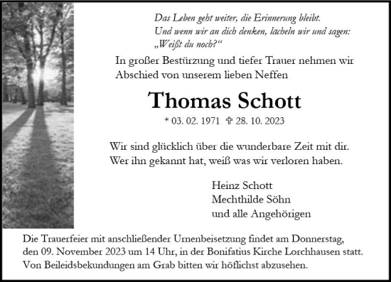 Traueranzeige von Thomas Schott von Wiesbadener Kurier