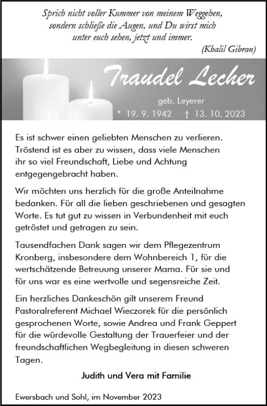 Traueranzeige von Traudel Lecher von Dill Block