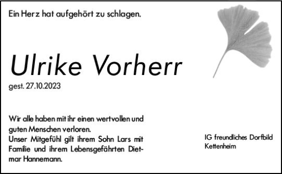 Traueranzeige von Ulrike Vorherr von Allgemeine Zeitung Alzey