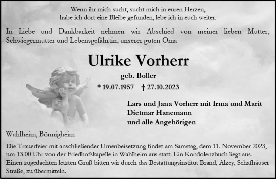 Traueranzeige von Ulrike Vorherr von Allgemeine Zeitung Alzey