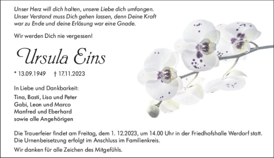 Traueranzeige von Ursula Eins von Wetzlarer Neue Zeitung