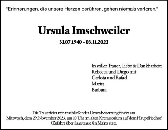 Traueranzeige von Ursula Imschweiler von Wiesbadener Kurier