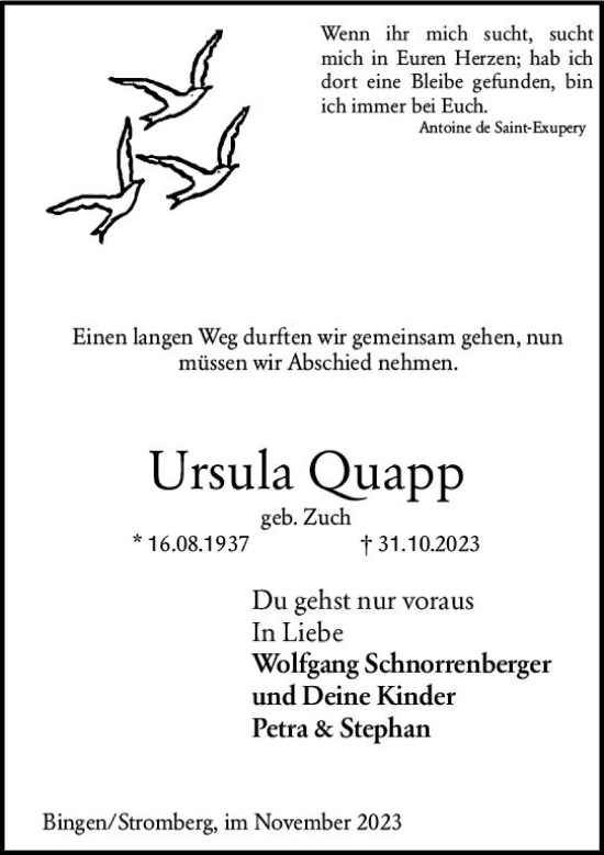 Traueranzeige von Ursula Quapp von Allgemeine Zeitung Bingen/Ingelheim