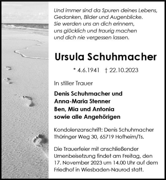 Traueranzeige von Ursula Schuhmacher von Wiesbadener Kurier