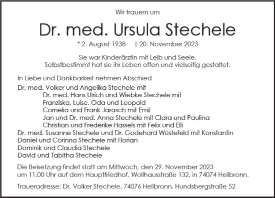 Traueranzeige von Ursula Stechele von Allgemeine Zeitung Mainz