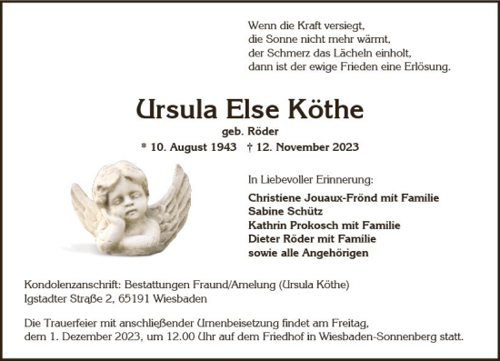 Traueranzeige von Ursula Else Köthe von Wiesbadener Kurier