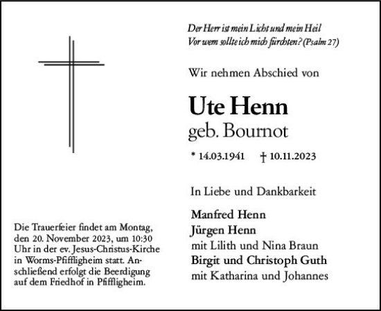 Traueranzeige von Ute Henn von Wormser Zeitung Traueranzeige von Ute Henn von Wormser Zeitung