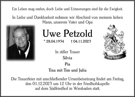 Traueranzeige von Uwe Petzold von Wiesbadener Kurier