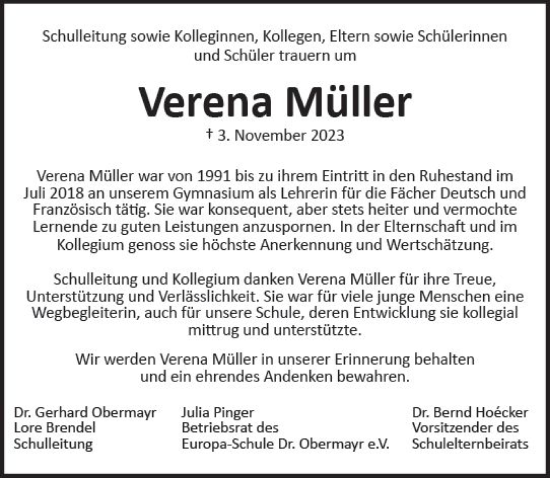 Traueranzeige von Verena Müller von Wiesbadener Kurier