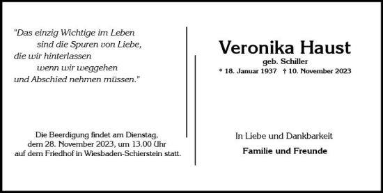 Traueranzeige von Veronika Haust von Wiesbadener Kurier Traueranzeige von Veronika Haust von Wiesbadener Kurier