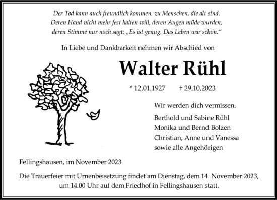 Traueranzeige von Walter Rühl von Wetzlarer Neue Zeitung
