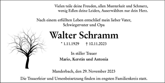 Traueranzeige von Walter Schramm von Dill Block