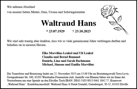 Traueranzeige von Waltraud Hans von Rheingau Kurier