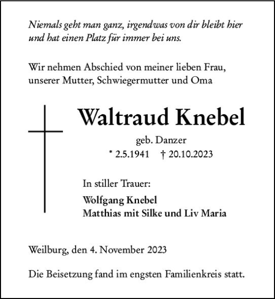 Traueranzeige von Waltraud Knebel von Weilburger Tageblatt