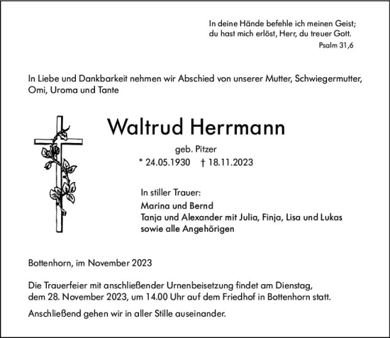 Traueranzeige von Waltrud Herrmann von Hinterländer Anzeiger