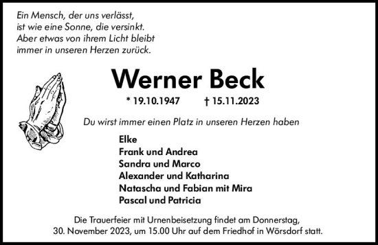 Traueranzeige von Werner Beck von Idsteiner Land/Untertaunus
