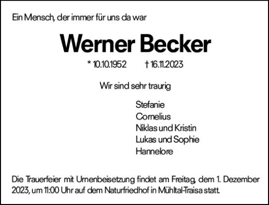 Traueranzeige von Werner Becker von Darmstädter Echo