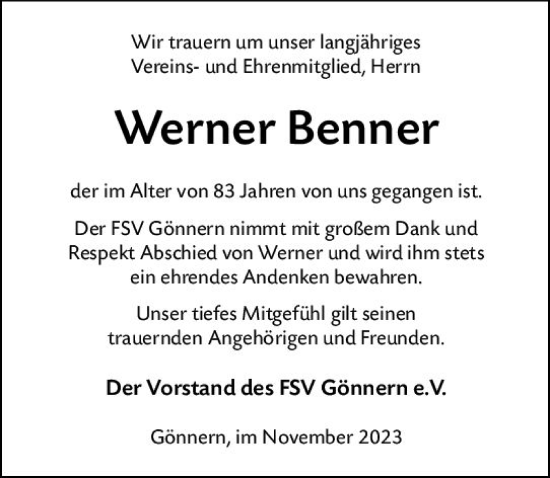 Traueranzeige von Werner Benner von Hinterländer Anzeiger