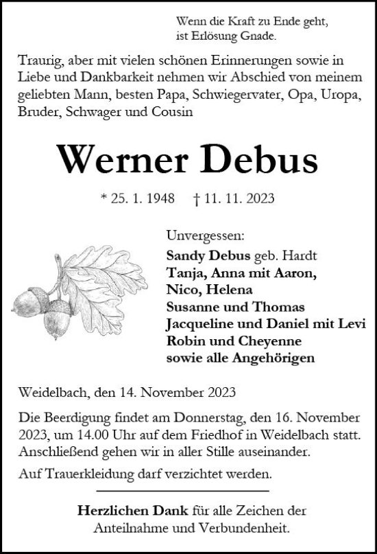 Traueranzeige von Werner Debus von Dill Block