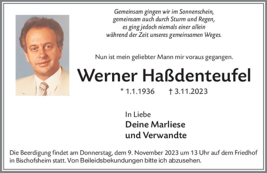 Traueranzeige von Werner Haßdenteufel von Allgemeine Zeitung Mainz