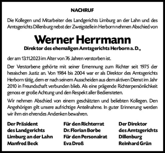 Traueranzeige von Werner Herrmann von Dill Block