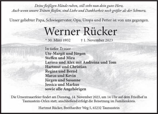 Traueranzeige von Werner Rücker von Wiesbadener Kurier