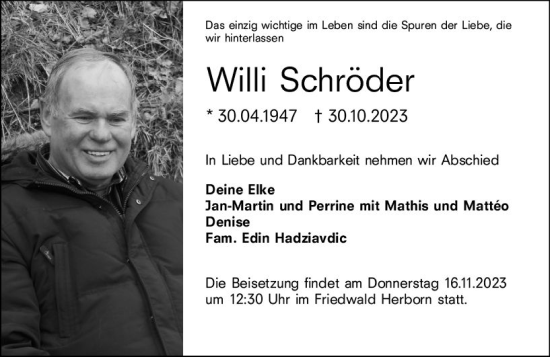 Traueranzeige von Willi Schröder von Dill Block