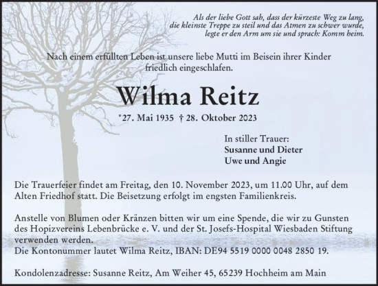Traueranzeige von Wilma Reitz von Hochheimer Zeitung
