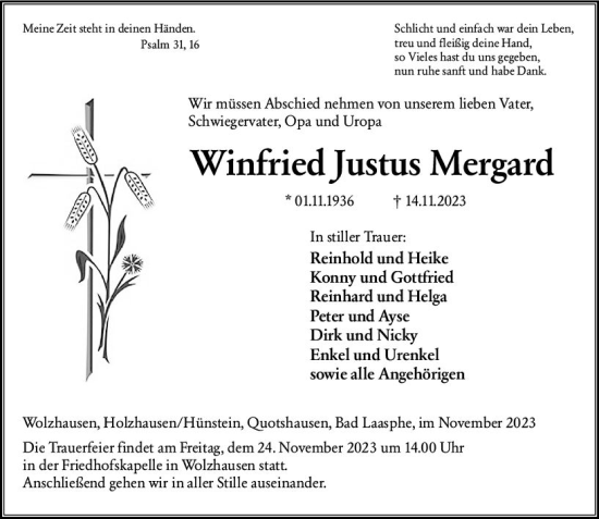 Traueranzeige von Winfried Justus Mergard von Hinterländer Anzeiger
