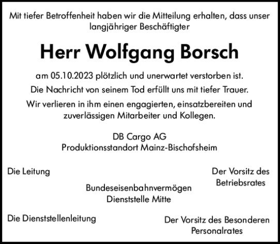 Traueranzeige von Wolfgang Borsch von Wiesbadener Kurier