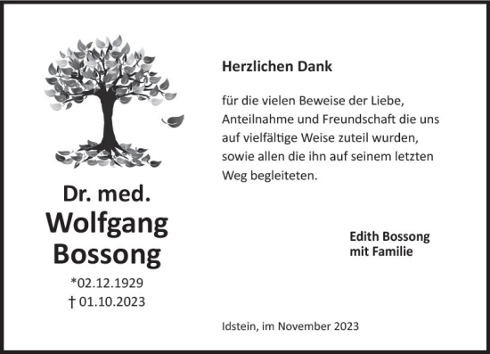 Traueranzeige von Wolfgang Bossong von Idsteiner Land/Untertaunus