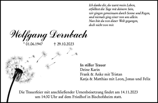 Traueranzeige von Wolfgang Dernbach von Allgemeine Zeitung Mainz
