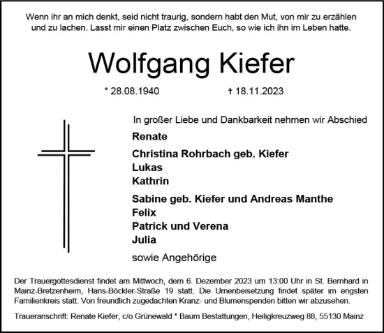 Traueranzeige von Wolfgang Kiefer von Allgemeine Zeitung Mainz