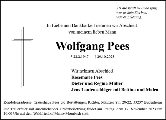 Traueranzeige von Wolfgang Pees von Allgemeine Zeitung Mainz