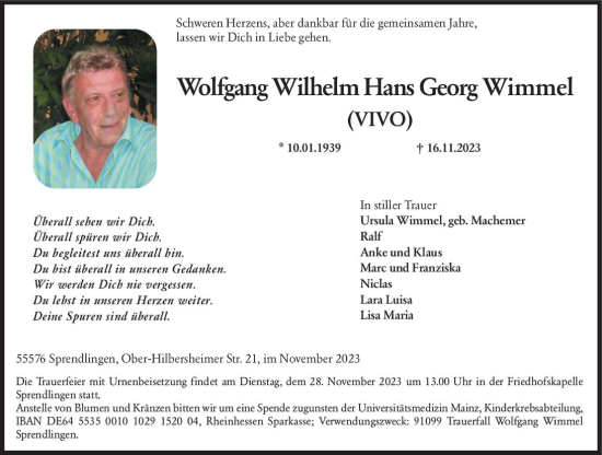 Traueranzeige von Wolfgang Wilhelm Hans Georg Wimmel von Allgemeine Zeitung Bingen/Ingelheim