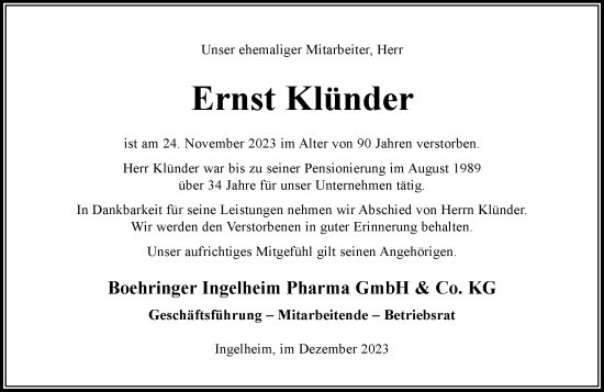 Traueranzeige von Ernst Klünder von Allgemeine Zeitung Bingen/Ingelheim